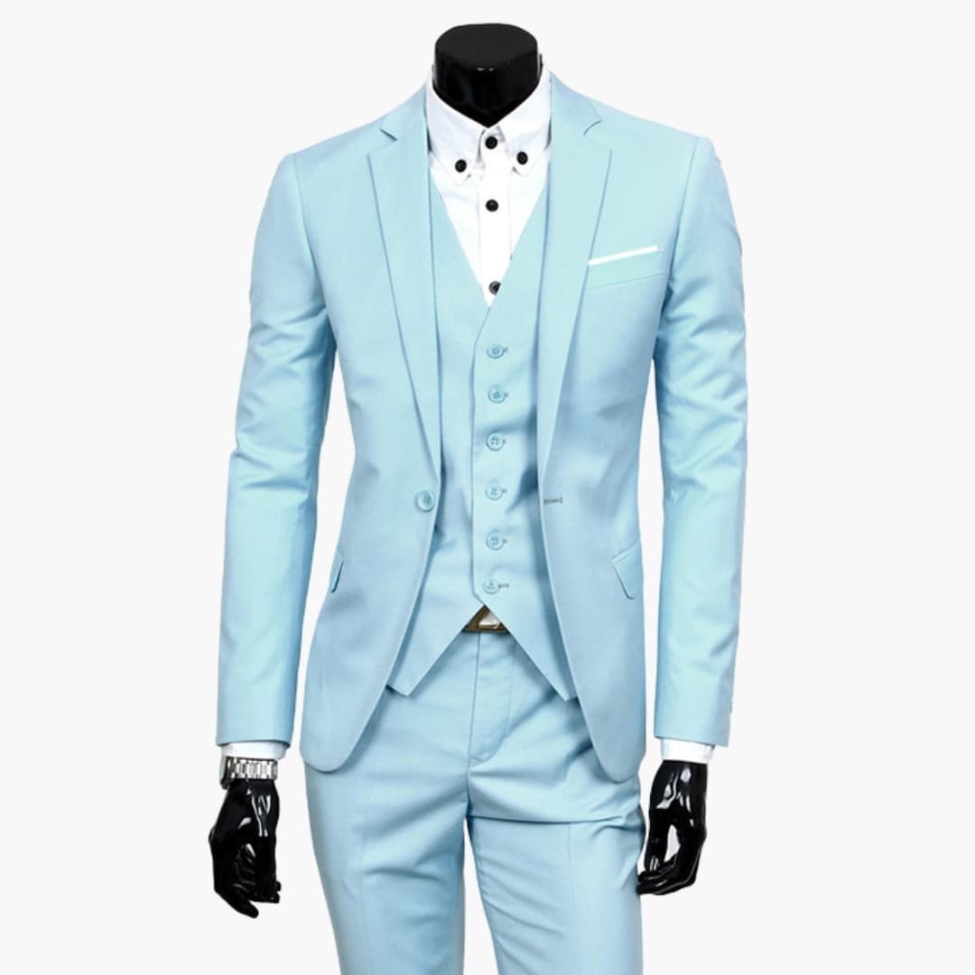 Men's navy smart fit suit set with notched lapel jacket, vest, and inside pocket for professionals