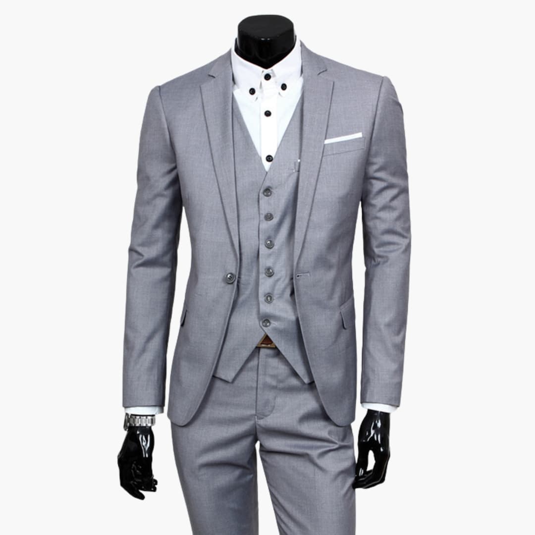 Men's navy smart fit suit set with notched lapel jacket, vest, and inside pocket for professionals