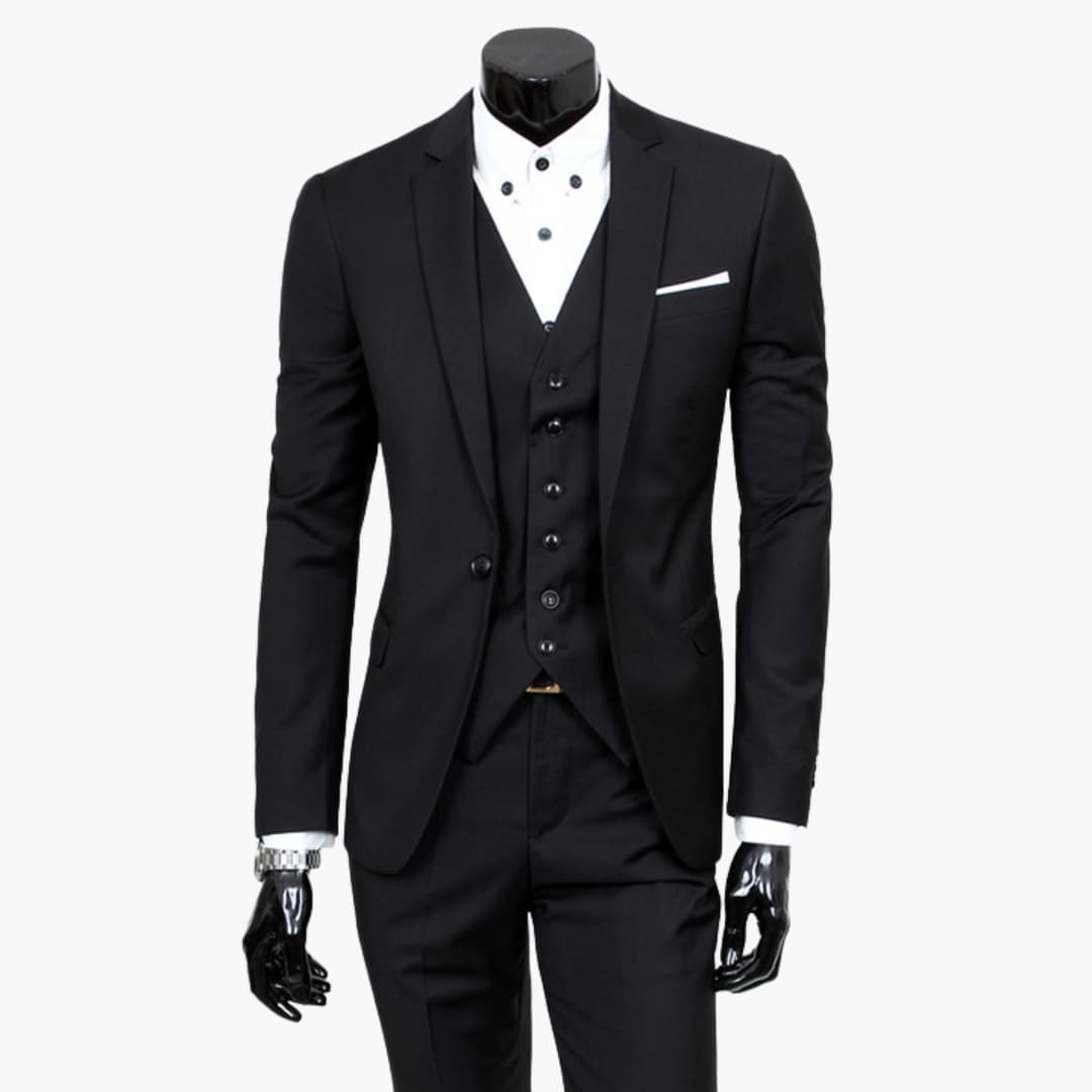 Men's navy blue smart fit suit set with notched lapel jacket, vest, and inside pocket
