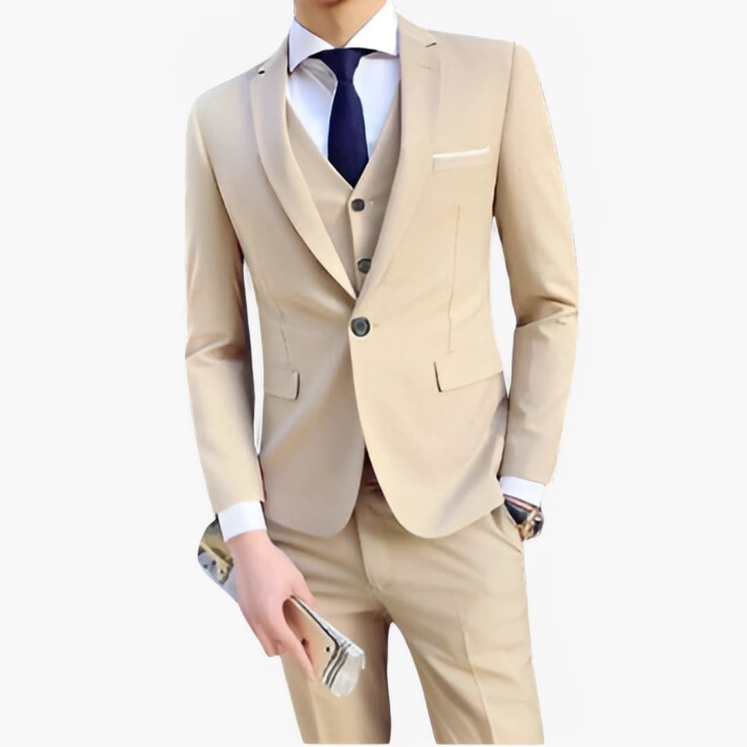 Men's navy smart fit suit set with notched lapel jacket, vest, and inside pocket for professionals