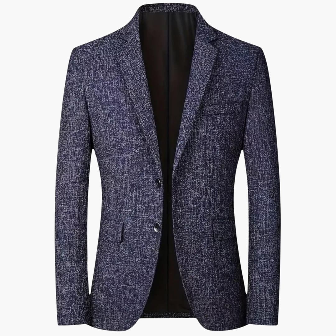Navy blue tailored men's blazer with notch lapel and double-button closure for office wear