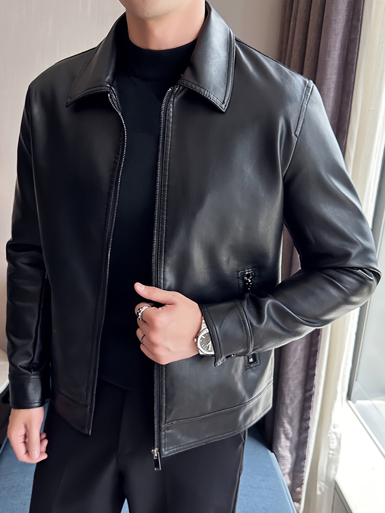 Men's black faux leather regular fit jacket with front zipper, modern casual style for everyday wear