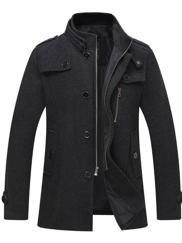 Men's wool blend jacket stand-up collar snap closure windproof warmth winter transitional seasons