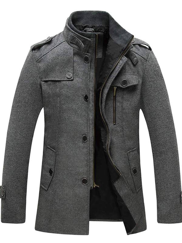 Men's wool blend windproof jacket stand-up collar snap closure warm transitional winter coat