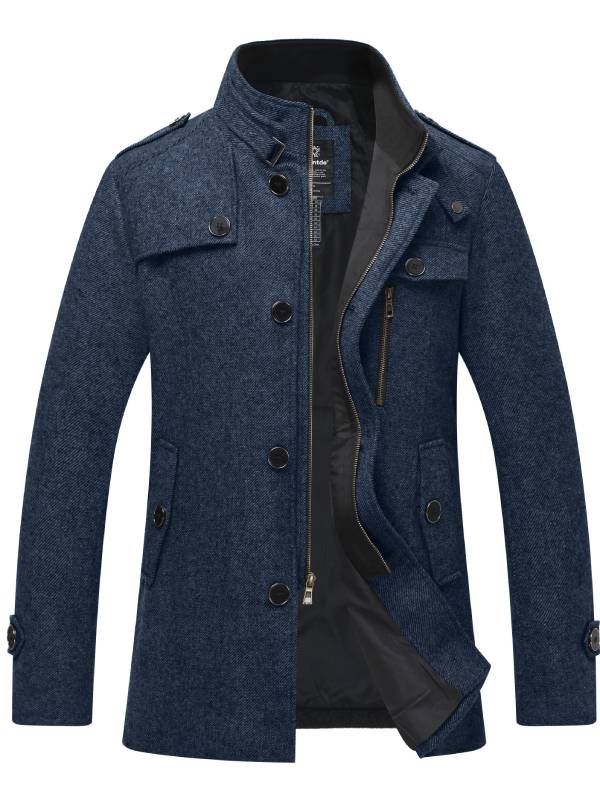 Men's gray wool blend jacket stand-up collar snap closure windproof slim fit winter coat