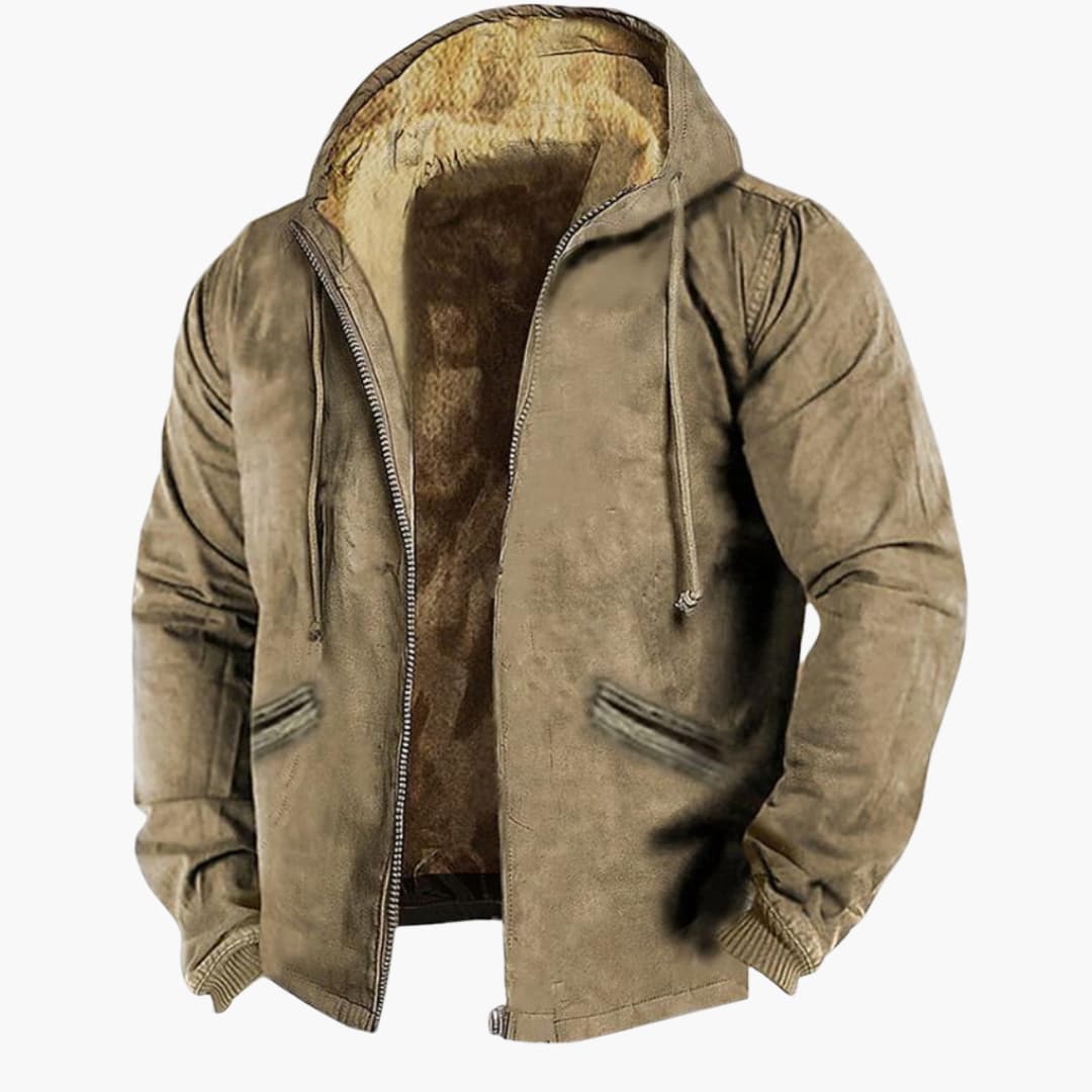 Men's hooded full-zip jacket with lined interior, textured finish, adjustable drawstring hood