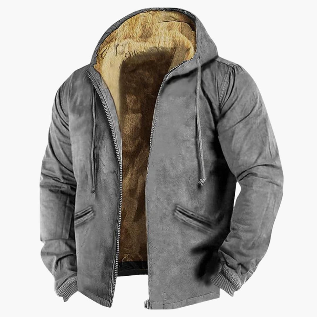 Men's hooded full-zip jacket with lined interior, textured finish, adjustable drawstring hood