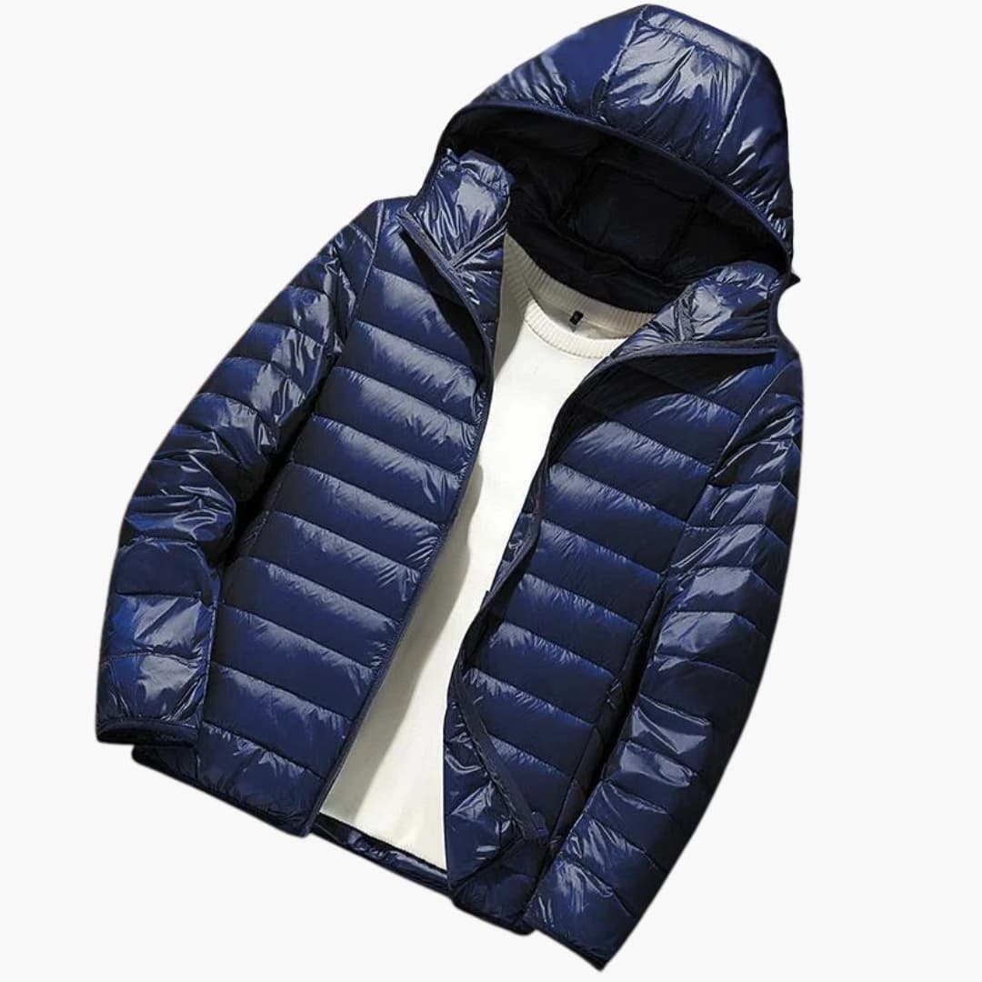 Men's black quilted hooded winter jacket with front zipper and dual side pockets