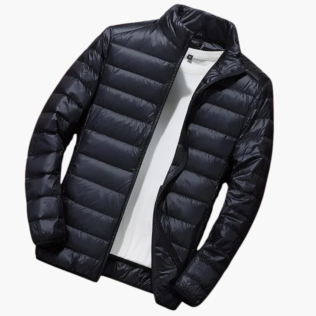 Men's black quilted hooded winter jacket with front zipper and two side pockets for outdoor wear