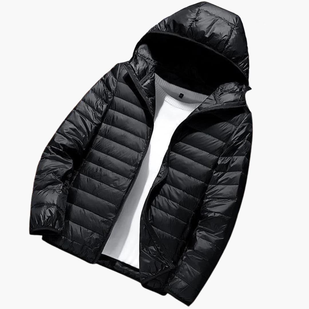Men's black quilted hooded winter jacket with front zipper and two side pockets for outdoors