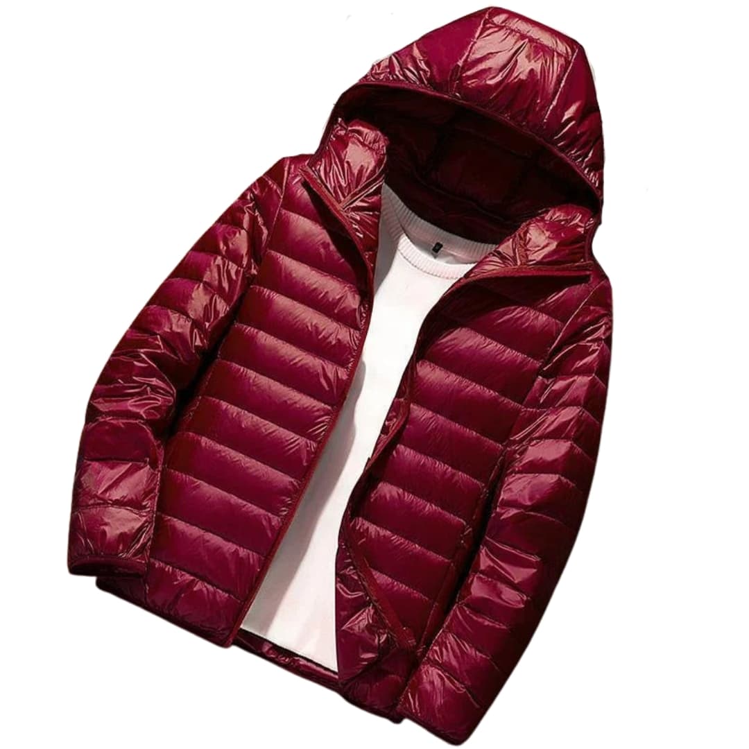 Men's black quilted hooded winter jacket with front zipper and two side pockets for outdoor wear