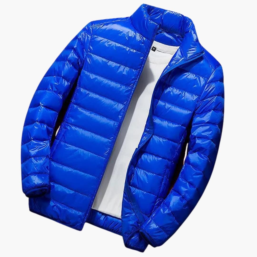 Men's black quilted hooded winter jacket with front zipper and dual side pockets