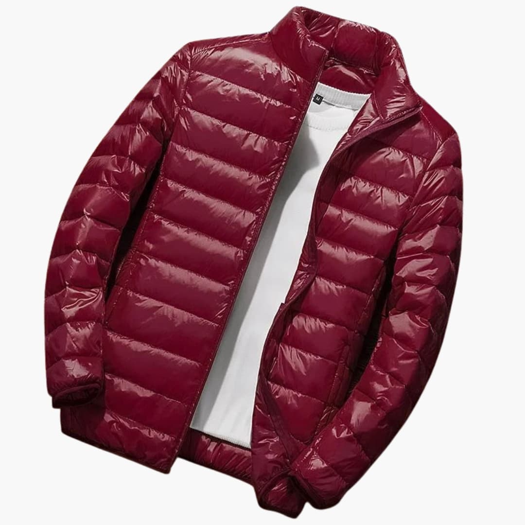 Men's black quilted hooded winter jacket with front zipper and dual side pockets for outdoor wear