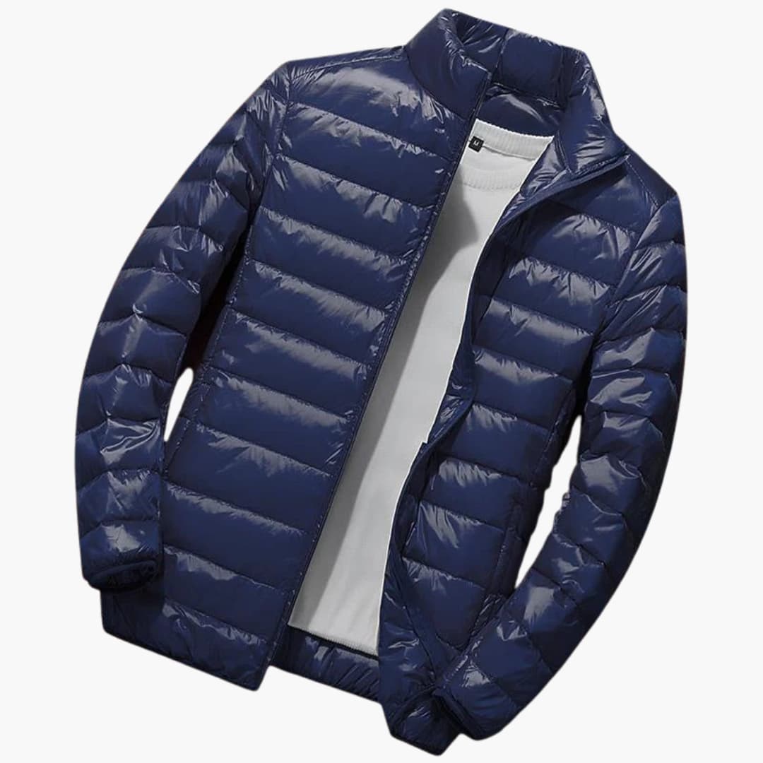 Men's quilted hooded winter jacket with front zipper, padded surface, and dual side pockets