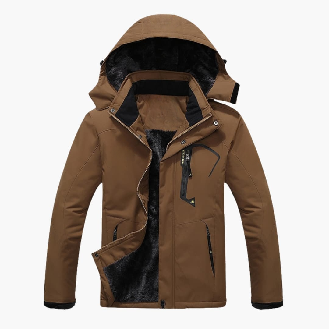 Men's gray outdoor hiking jacket detachable hood zippered pockets wind-resistant full-zip closure