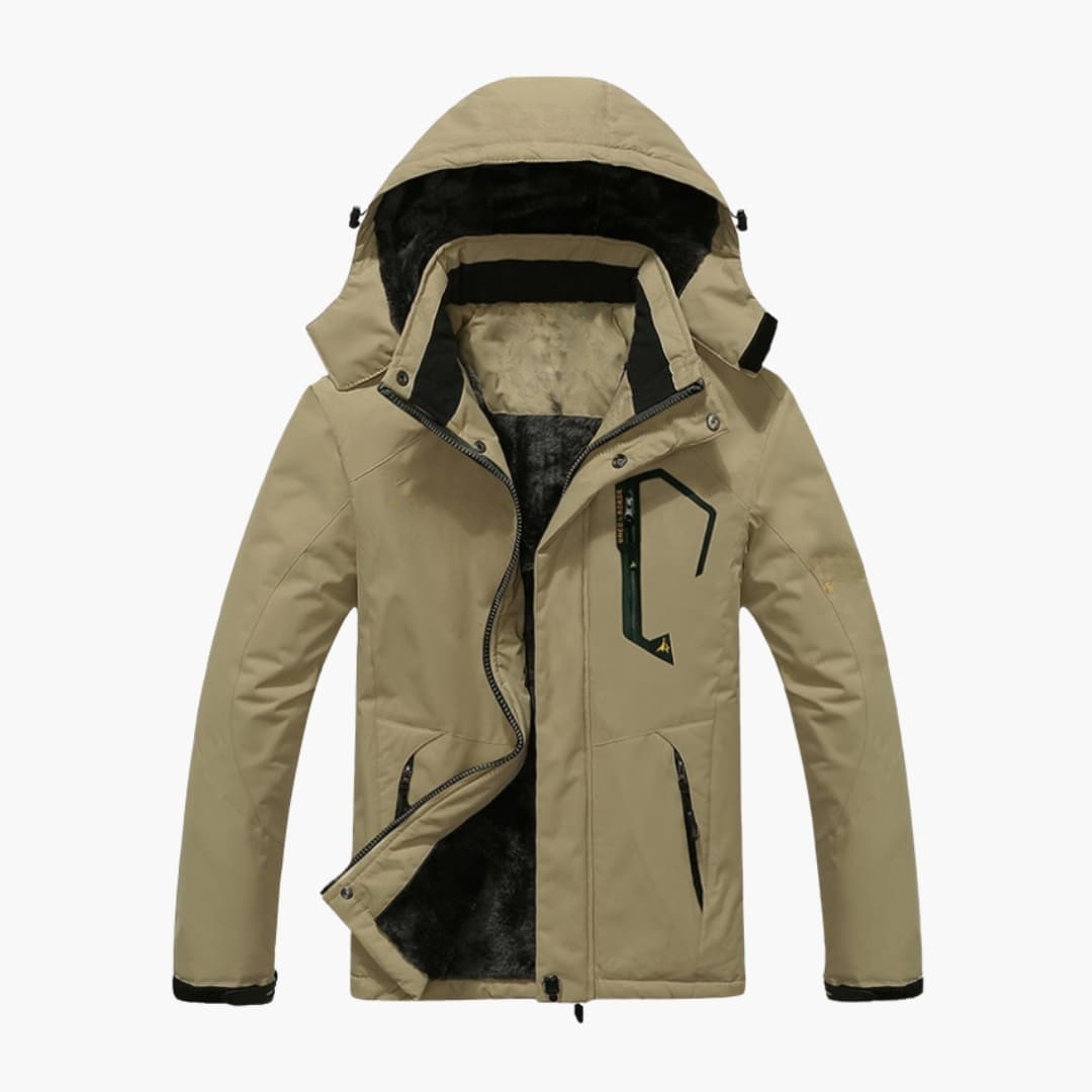 Men's outdoor jacket navy blue relaxed fit detachable hood zippered pockets hiking