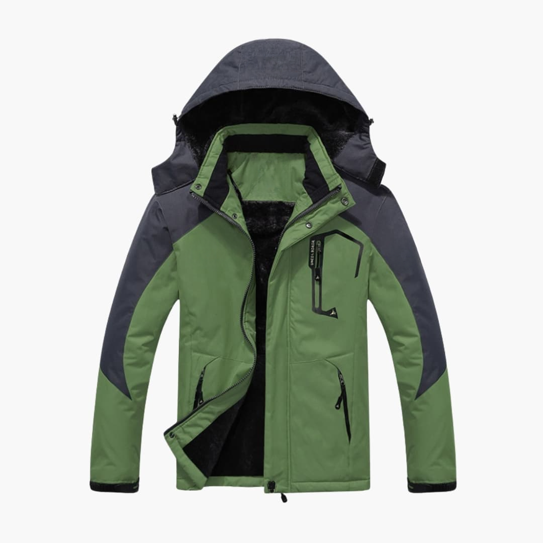 Men's olive green outdoor hiking jacket detachable hood zippered pockets all-weather windproof