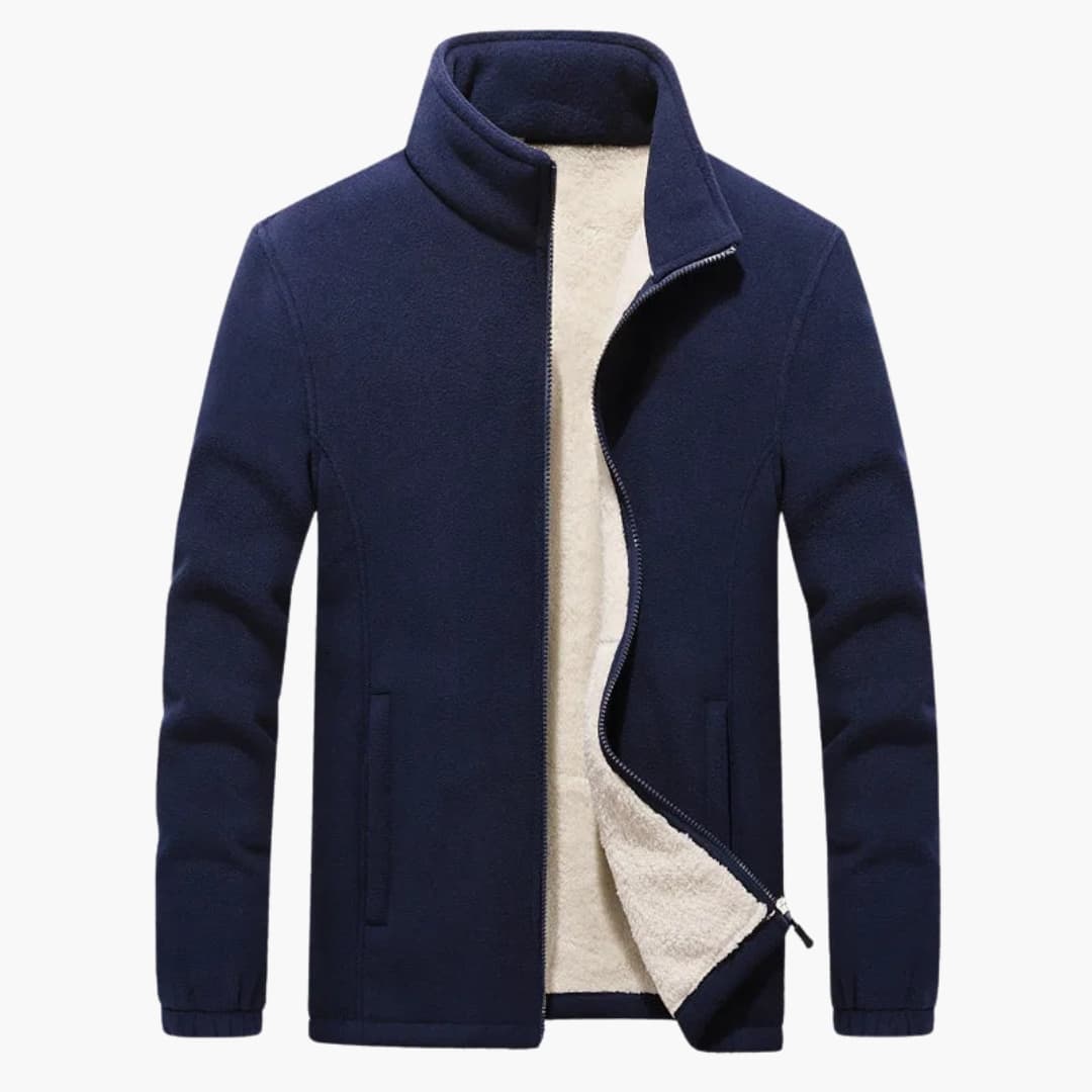 Men's casual jacket with stand-up collar, full-length zipper, and zippered side pockets in neutral tone