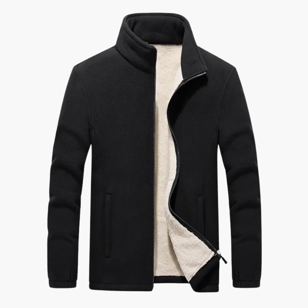 Men's casual jacket with stand-up collar, full-length zipper, and zippered side pockets in classic style