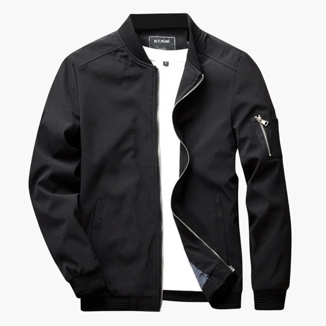 Men's casual zip-up jacket with side pockets, clean woven finish, straight neckline, long sleeves