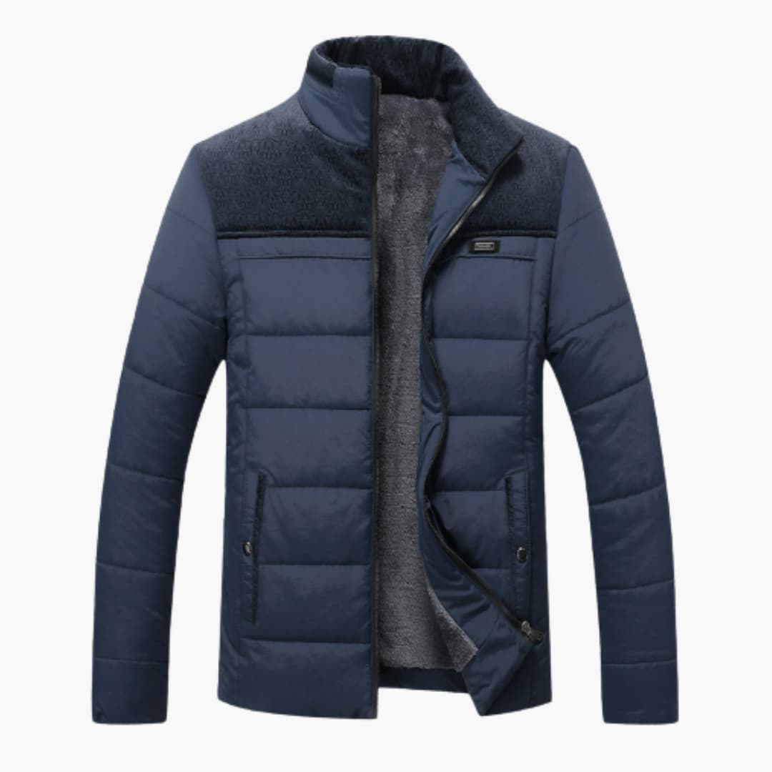 Men's quilted jacket stand-up collar fleece-lined cold weather outdoor insulated winter coat