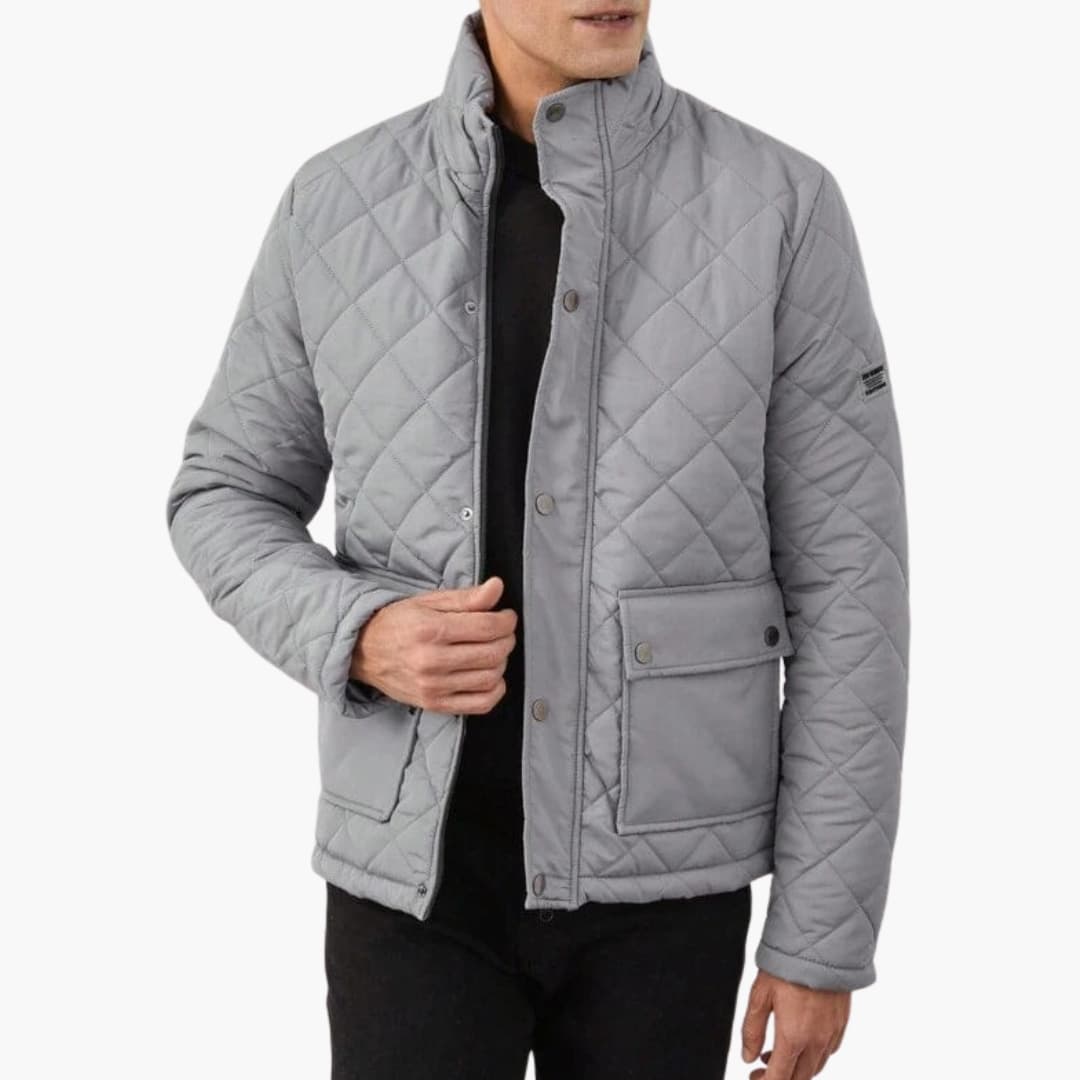 Men's slim-fit quilted jacket with stand-up collar, concealed snap-button closure, and structured silhouette