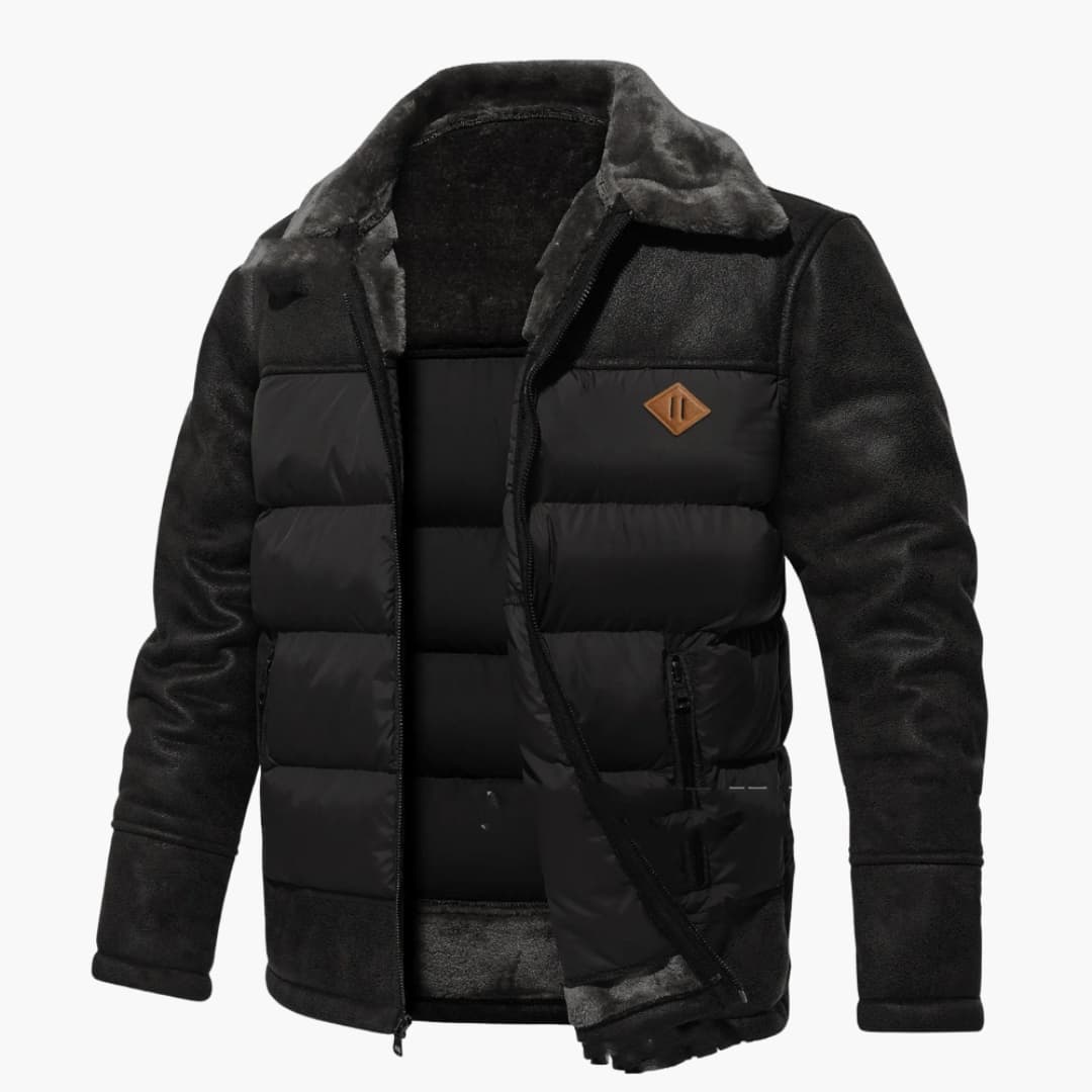 Men's black quilted jacket with faux fur collar, full-zip closure, slim modern outdoor fit