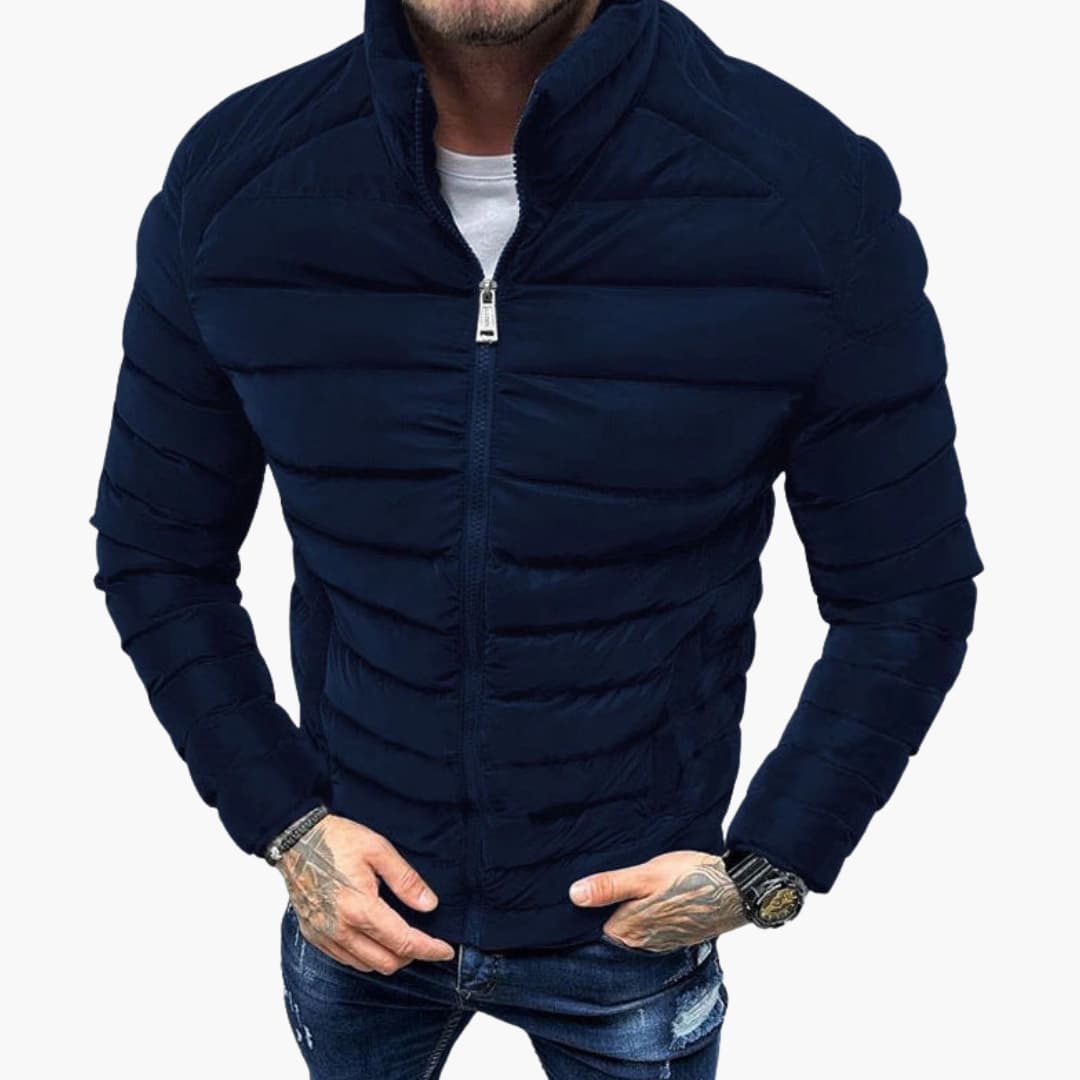 Men's slim fit black quilted jacket with stand-up collar, full-length zipper, and hidden pockets