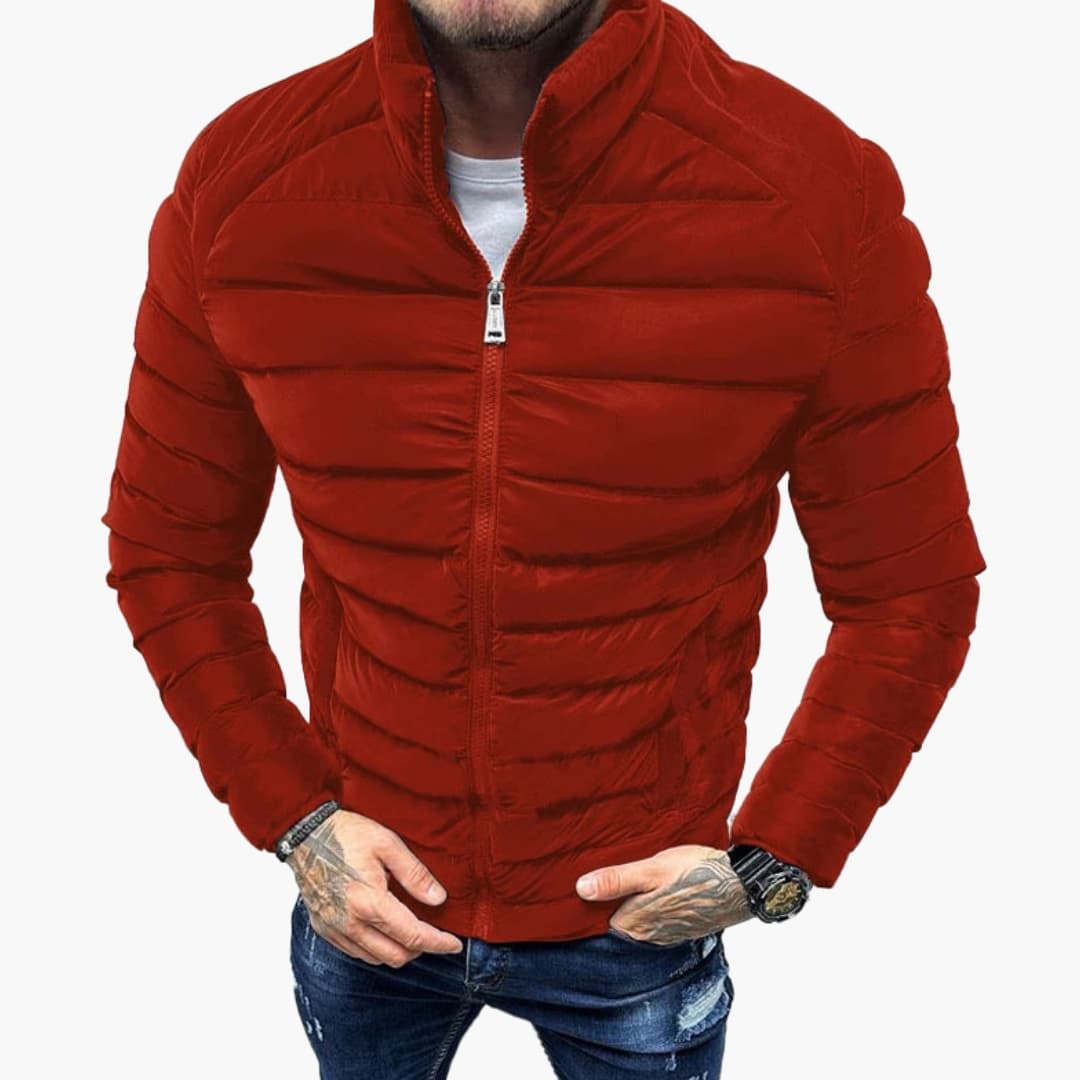 Men's slim fit navy quilted jacket stand-up collar full-zip hidden pockets everyday casual wear