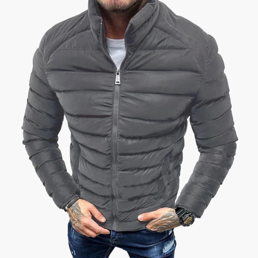 Men's slim fit black quilted jacket with stand-up collar, full-length zipper, and hidden pockets