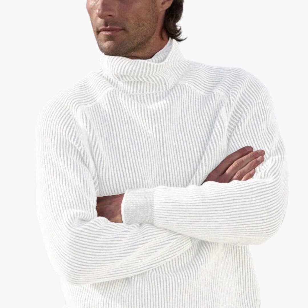 Men's dark roll neck ribbed knit pullover with long sleeves and structured texture for smart-casual wear