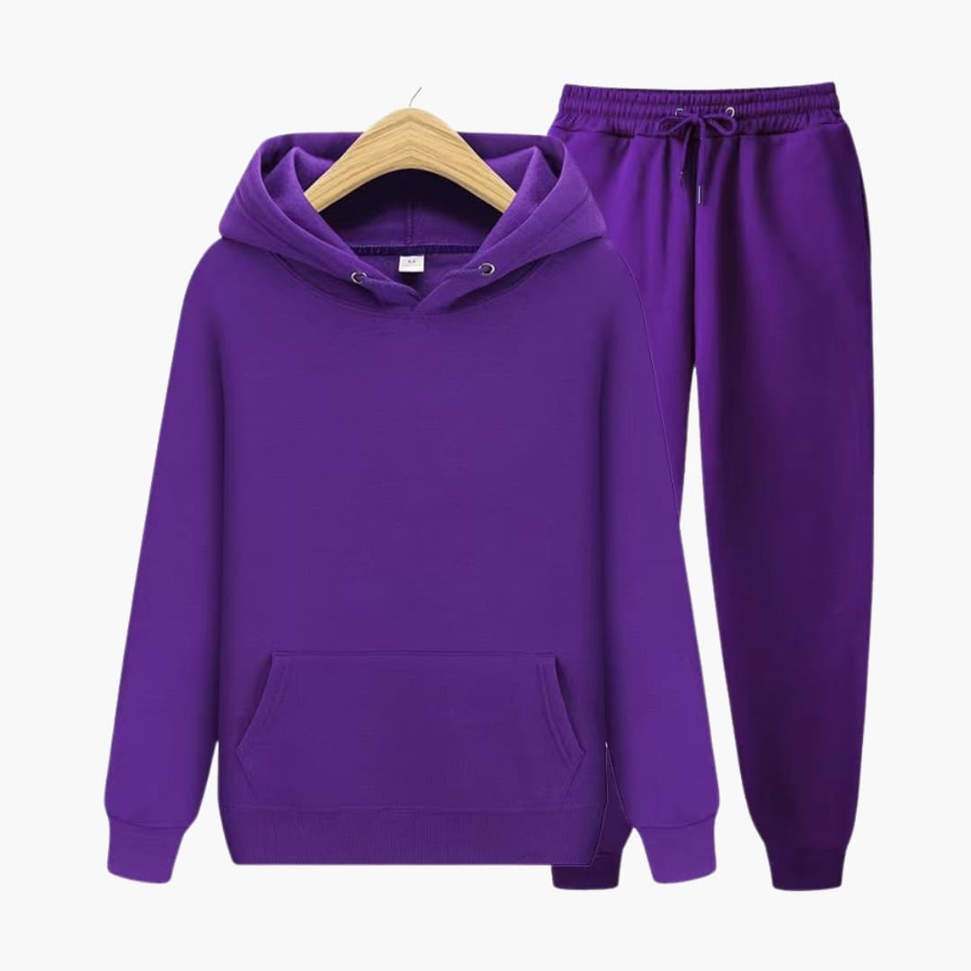 Men's gray tracksuit set with hoodie and joggers, comfort fit athleisure two-piece with drawstring hood