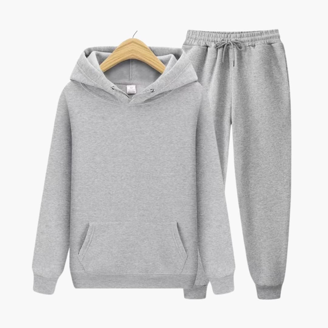 Men's gray tracksuit set with hoodie and joggers, comfort fit athleisure two-piece with drawstring hood