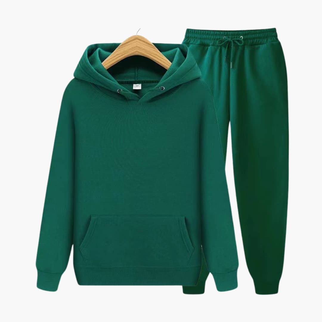 Men's gray tracksuit set with hoodie and joggers, comfort fit athleisure two-piece matching ensemble