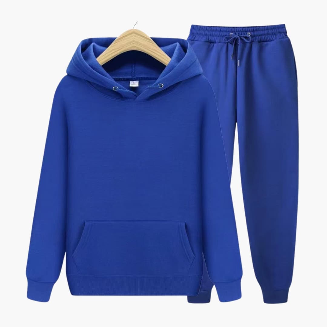 Men's gray tracksuit set with hoodie and joggers, comfort fit athleisure two-piece with drawstring hood