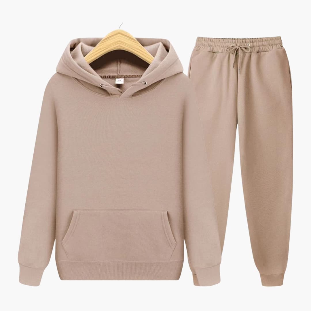 Men's gray tracksuit set with hoodie and joggers, comfort fit athleisure two-piece with drawstring hood