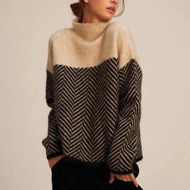 Women's oversized herringbone knit sweater with stand-up collar, two-tone cozy layering style