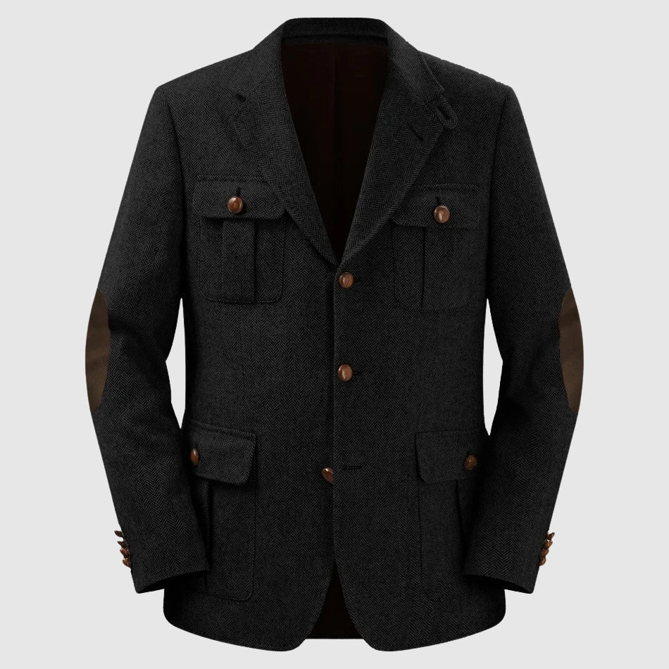 Men's herringbone tailored blazer with patch pockets, premium polyester blend, classic autumn wedding style