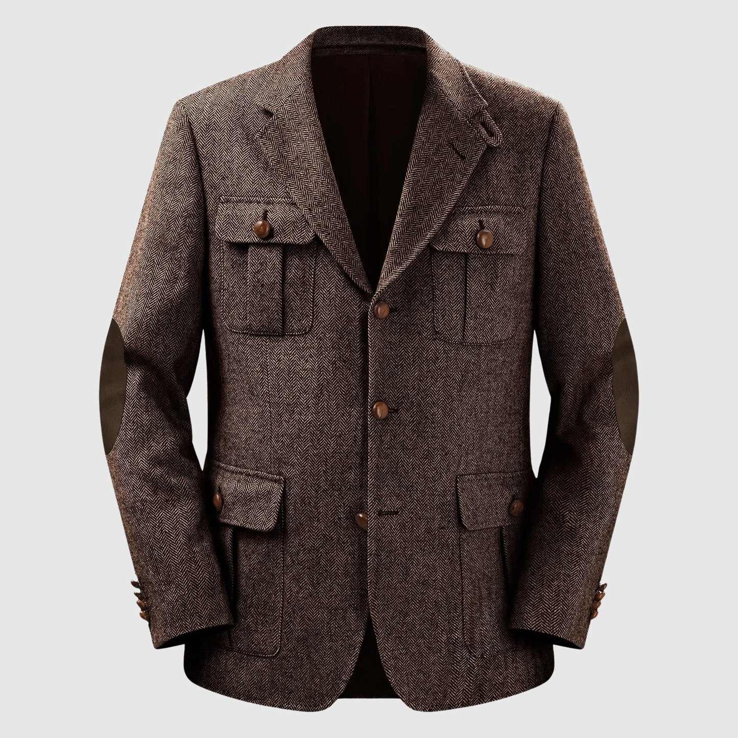 Men's herringbone tailored blazer with patch pockets, polyester blend, classic fit for autumn weddings