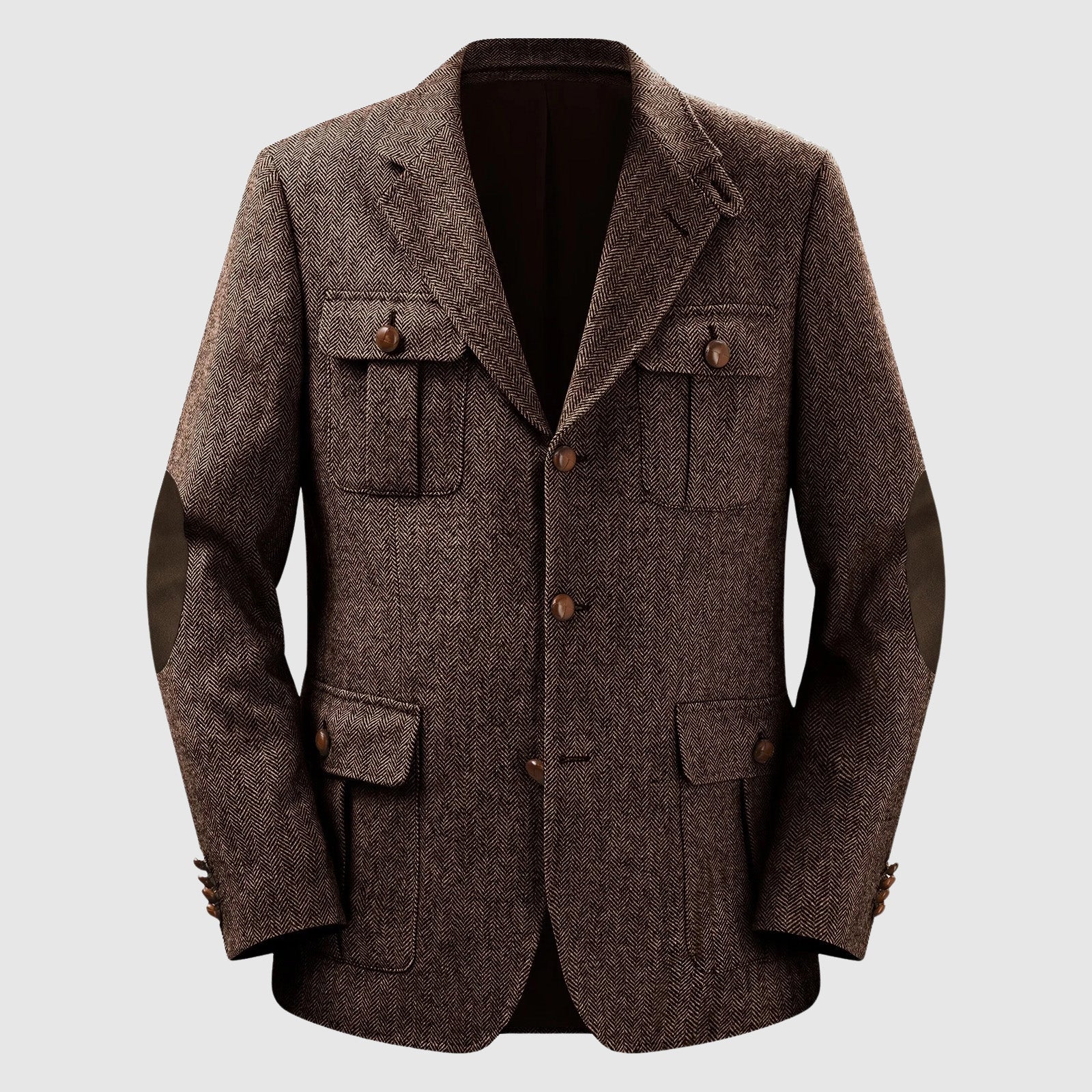 Men's herringbone tailored blazer with patch pockets, polyester blend, classic fit for autumn weddings