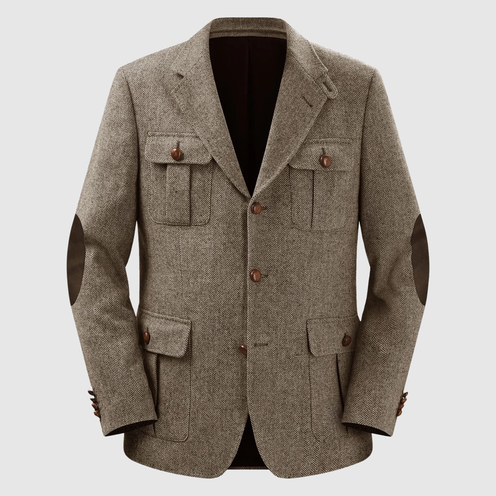 Men's herringbone tailored blazer with patch pockets, polyester blend, classic fit for weddings