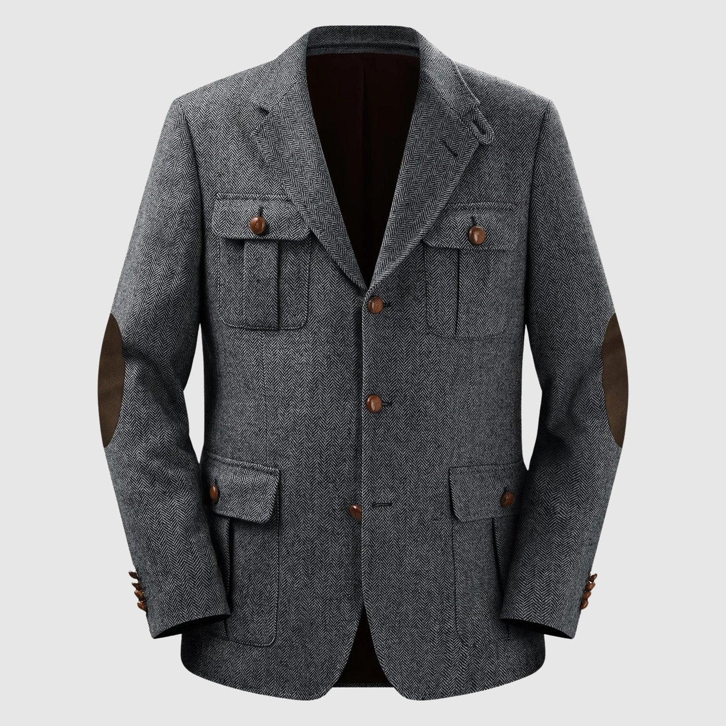 Men's herringbone tailored blazer with patch pockets, polyester blend, classic fit for autumn weddings
