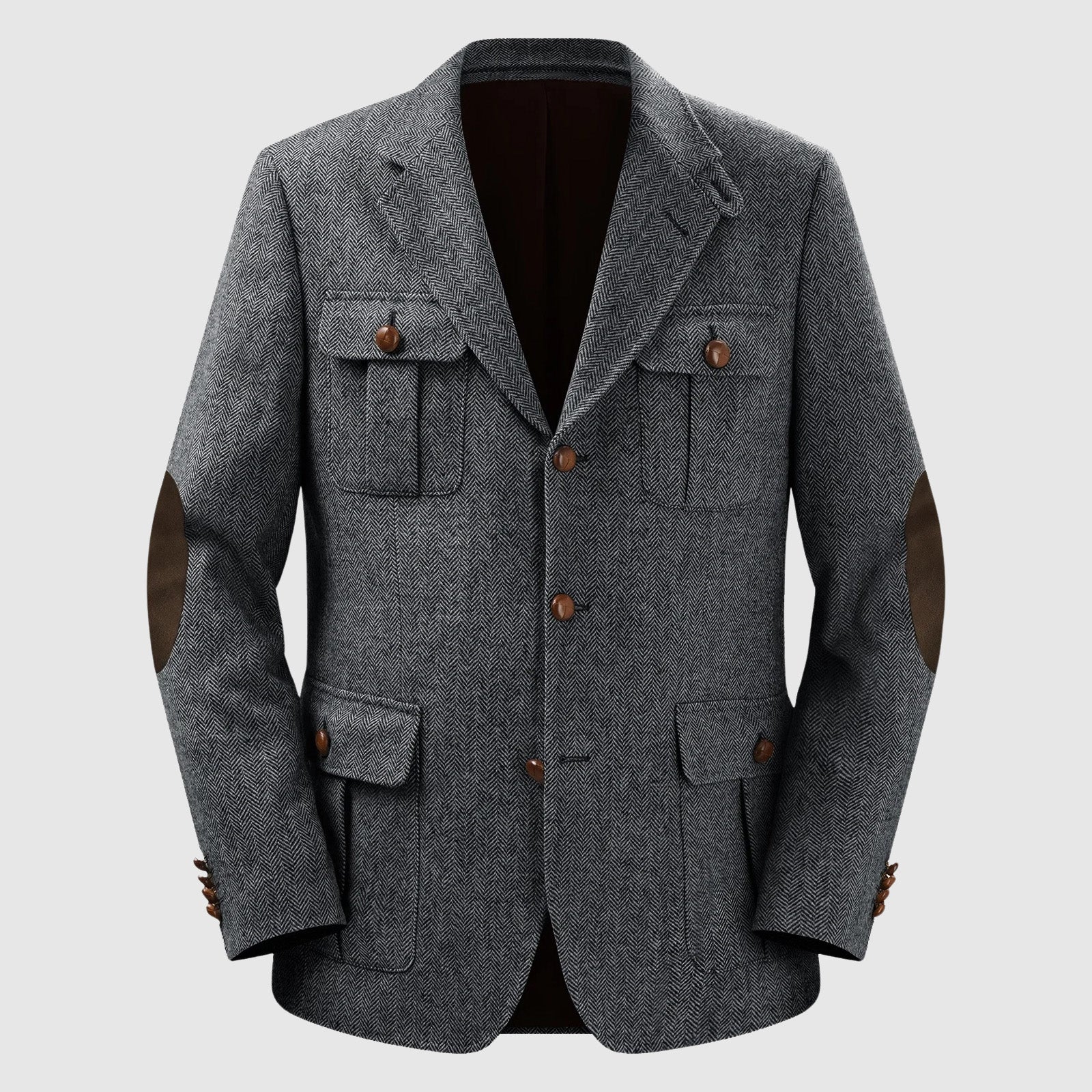 Men's herringbone tailored blazer with patch pockets, polyester blend, classic fit for autumn weddings