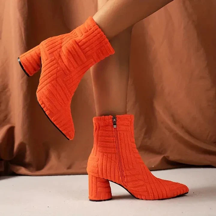 Women's knitted ankle boots chunky heel cozy textured upper winter casual style