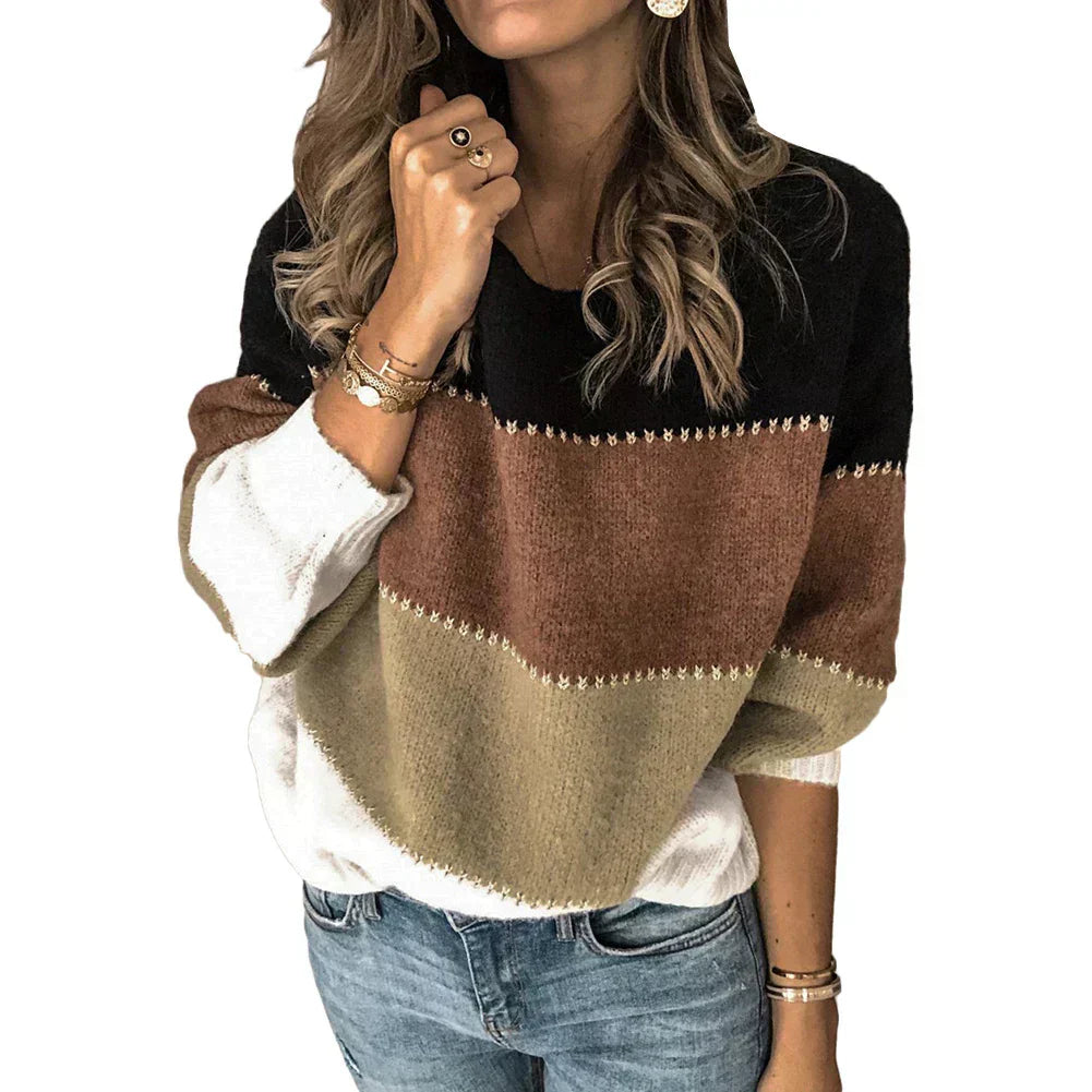 Women's colorful knitted sweater cozy relaxed fit vibrant pattern warm soft everyday layering style