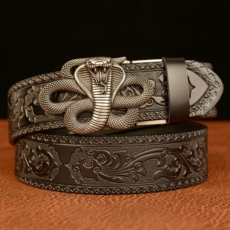 Men's brown embossed leather belt with bold cobra head buckle, premium statement accessory