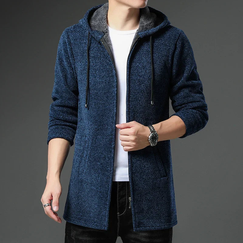 Men's chenille wool jacket with zip front, fleece-lined hood, ribbed cuffs in relaxed silhouette