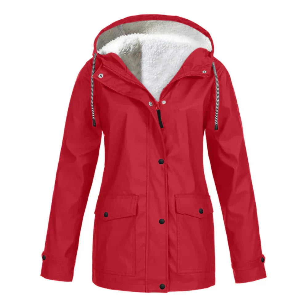 Women's fleece-lined hooded rain jacket relaxed fit water-resistant cozy layer for spring