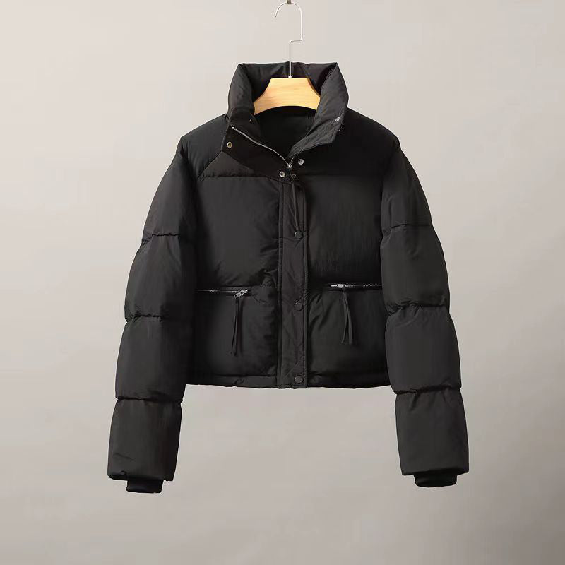 Women's cropped cotton jacket in neutral tones, thickened insulation, structured fit for winter warmth