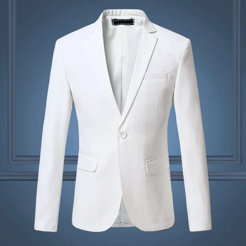 Men's classic navy one-button tailored blazer with structured fit for formal and smart casual wear